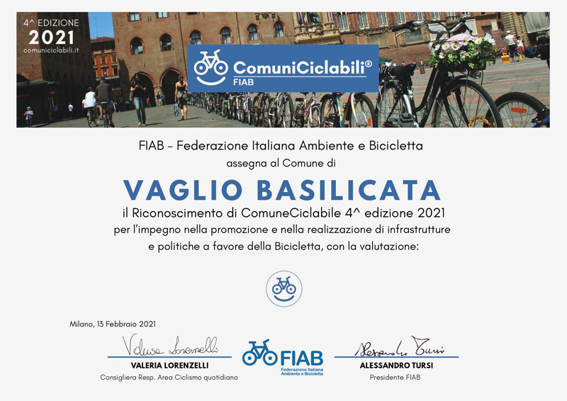 ComuniCiclabili 2021 attestato a Vaglio Basilicata